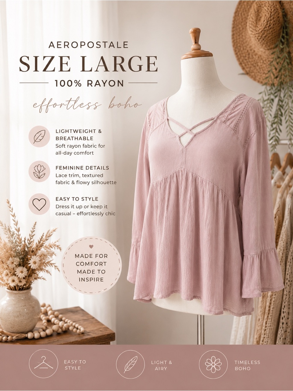 Aeropostale Dusty Rose Boho Peasant Tunic Top